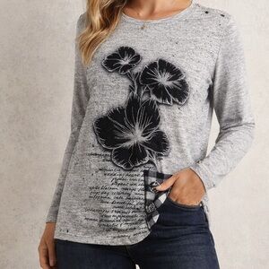 NESS Grey Floral Graphic Long Sleeve Top | Patchwork Detail | Small